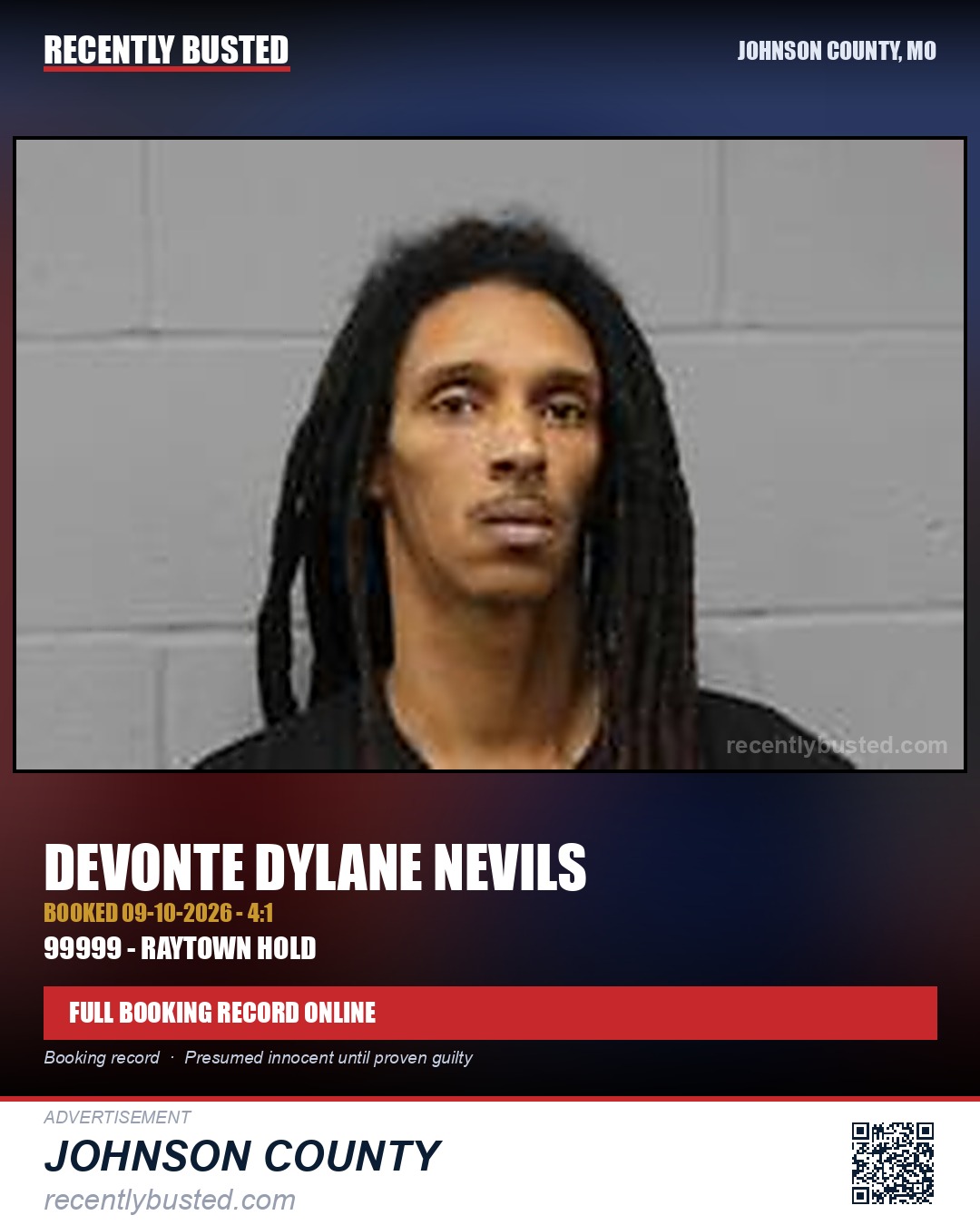 NEVILS, DEVONTE DYLANE — arrest record card, Johnson County, Missouri