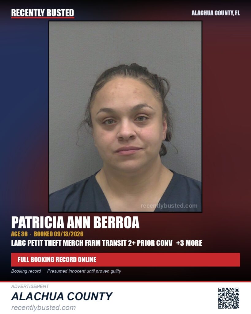 Patricia Ann Berroa — arrest record card, Alachua County, Florida