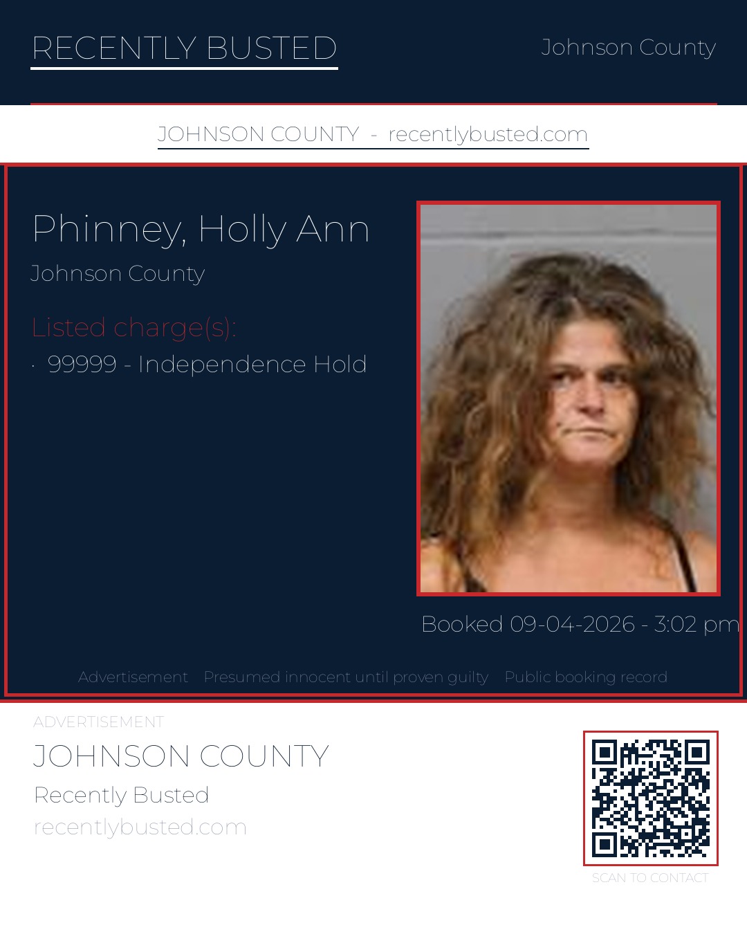 PHINNEY, HOLLY ANN — arrest record card, Johnson County, Missouri