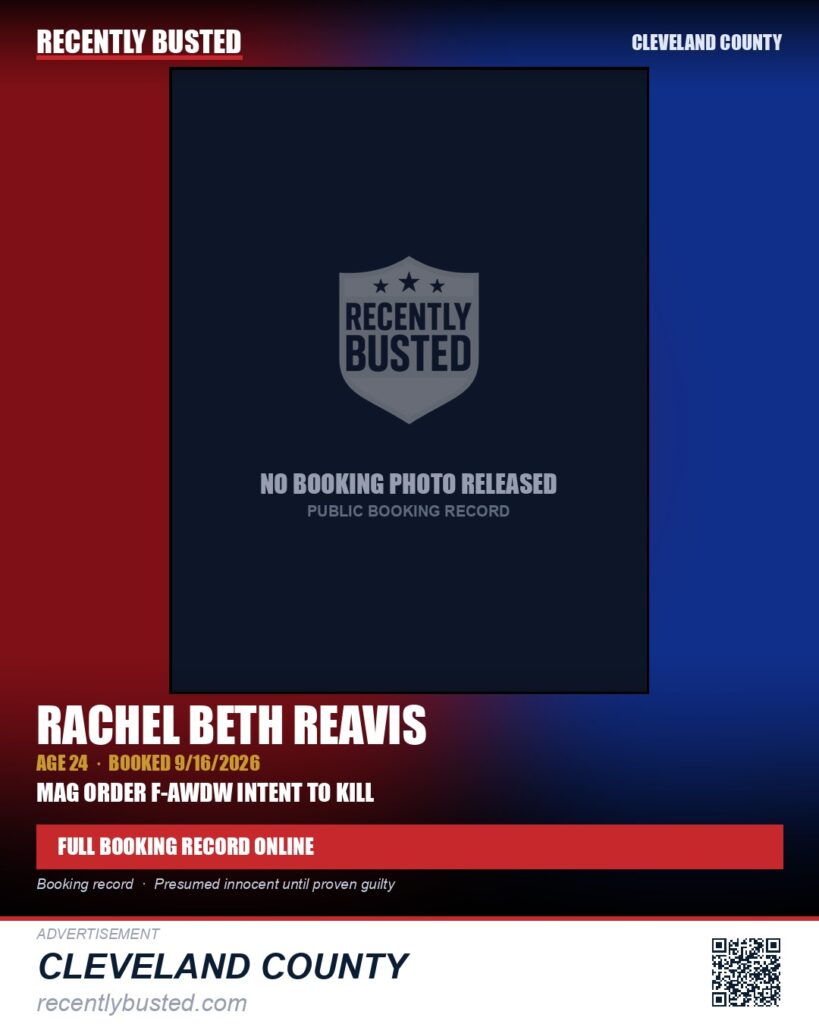 RACHEL BETH REAVIS — arrest record card, Cleveland County