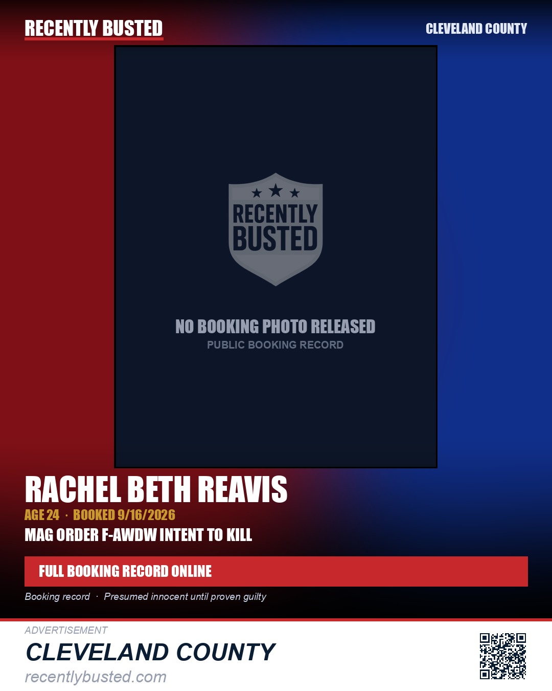 RACHEL BETH REAVIS — arrest record card, Cleveland County