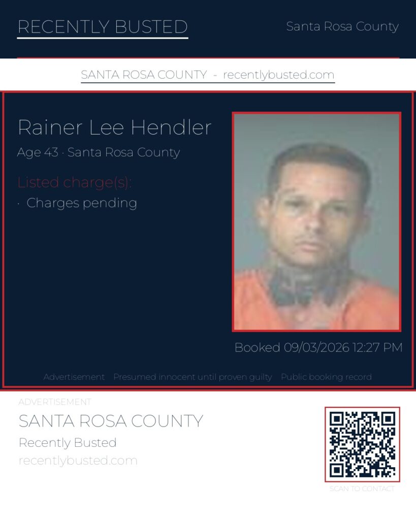 Rainer Lee Hendler — arrest record card, Santa Rosa County, Florida