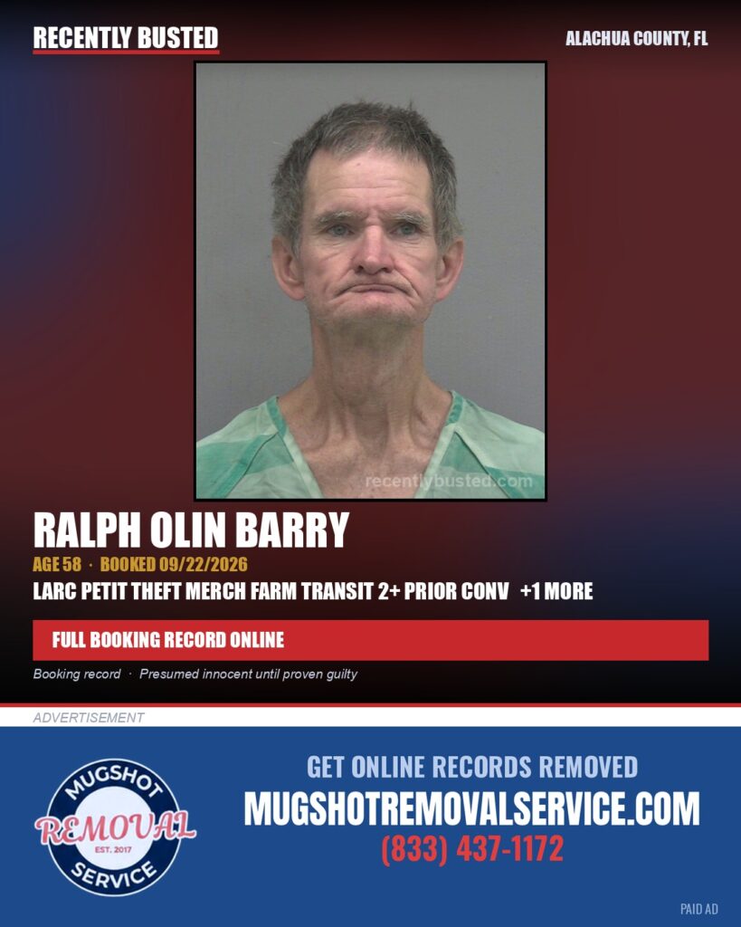 Ralph Olin Barry — arrest record card, Alachua County, Florida