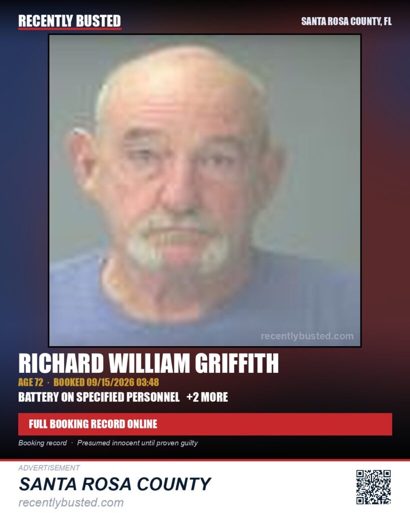 Richard William Griffith — arrest record card, Santa Rosa County, Florida