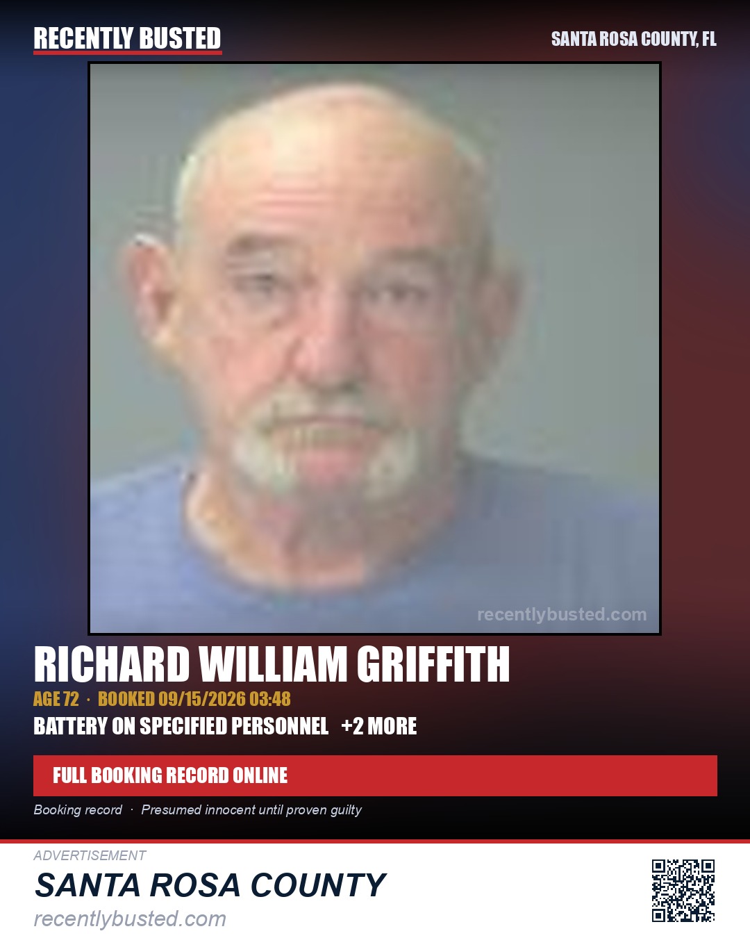 Richard William Griffith — arrest record card, Santa Rosa County, Florida