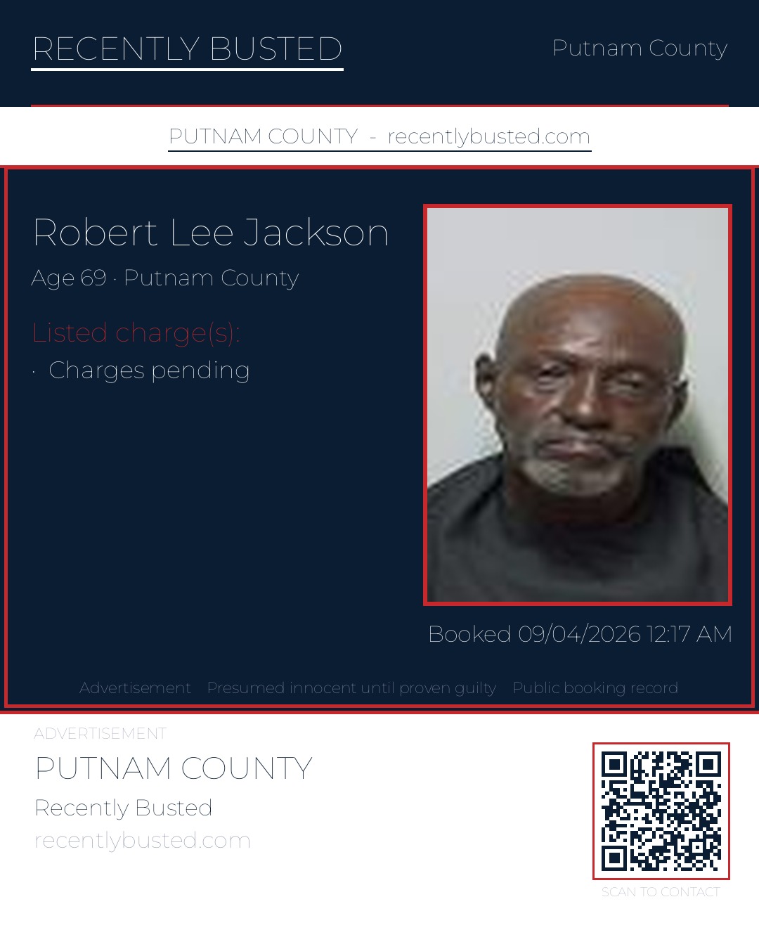 Robert Lee Jackson — arrest record card, Putnam County, Florida