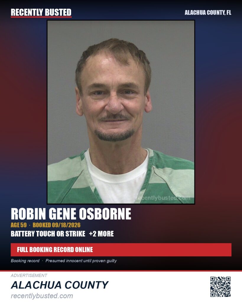 Robin Gene Osborne — arrest record card, Alachua County, Florida