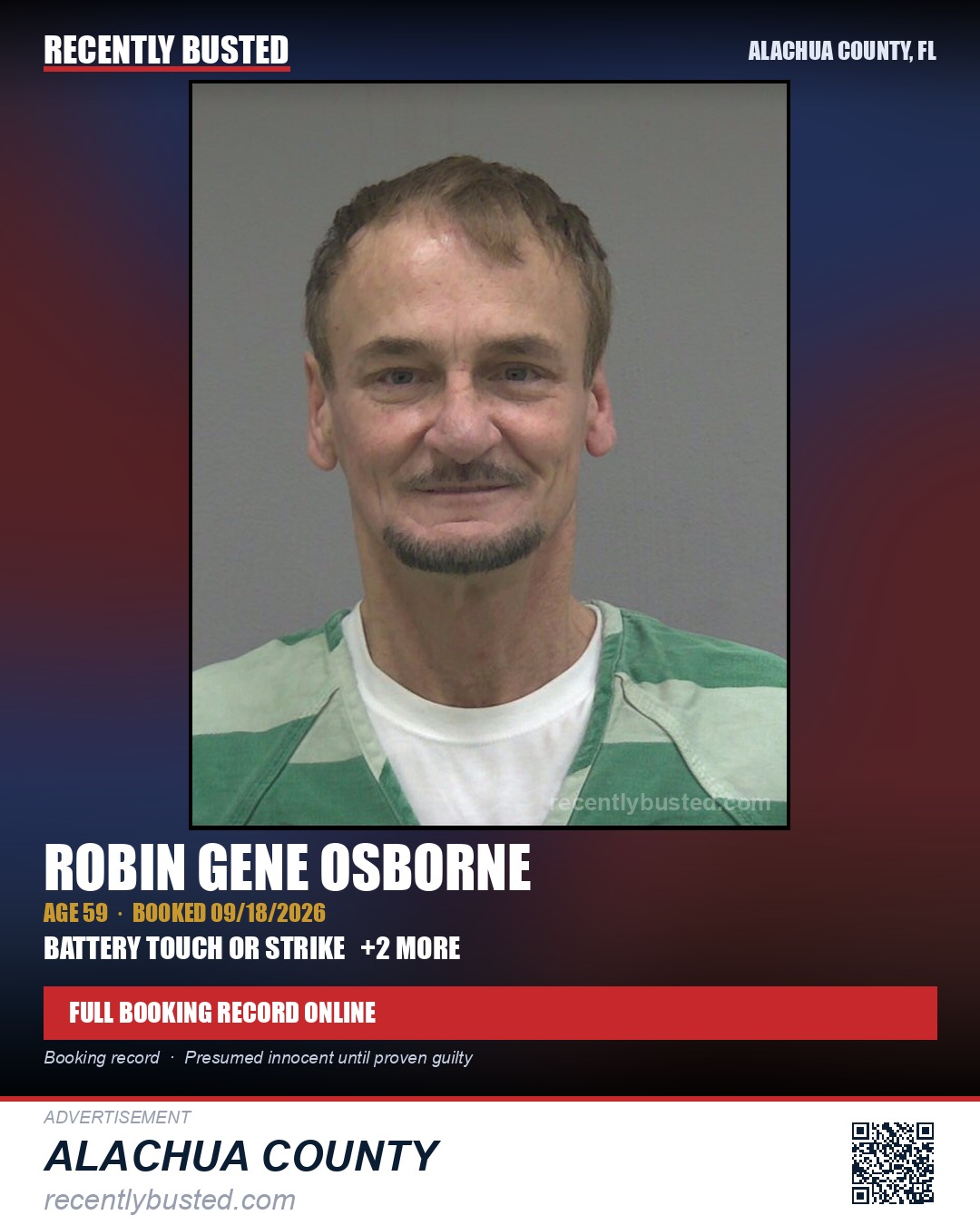 Robin Gene Osborne — arrest record card, Alachua County, Florida