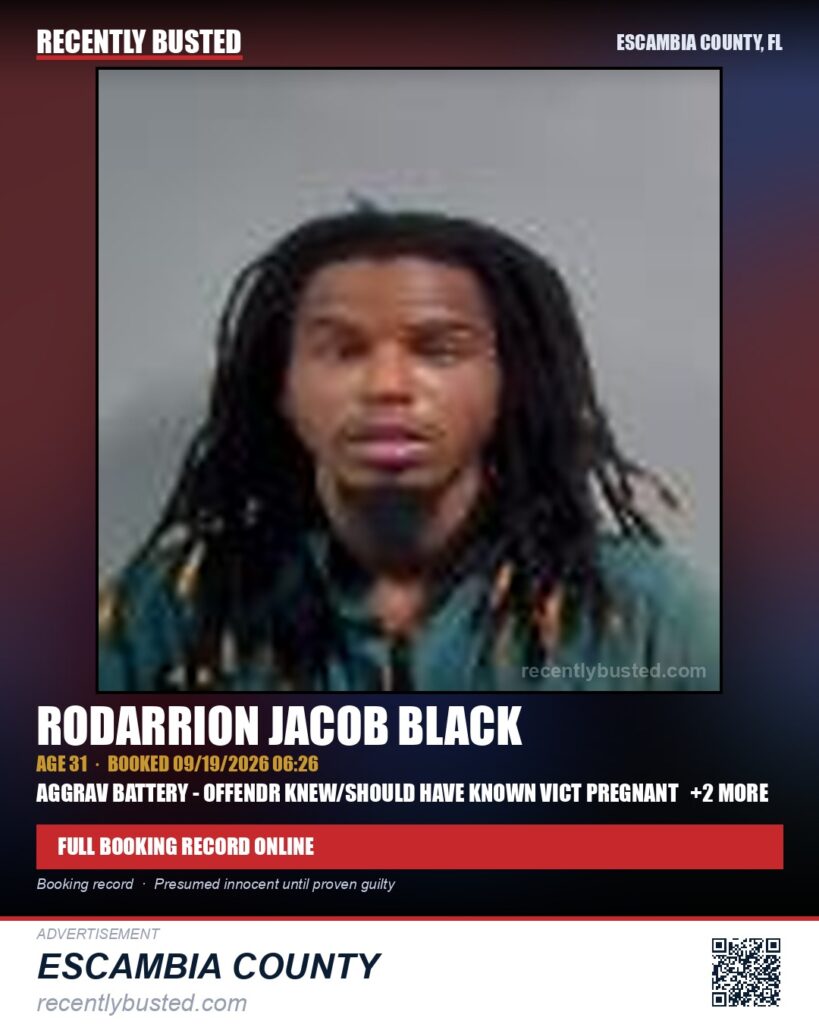 Rodarrion Jacob Black — arrest record card, Escambia County, Florida