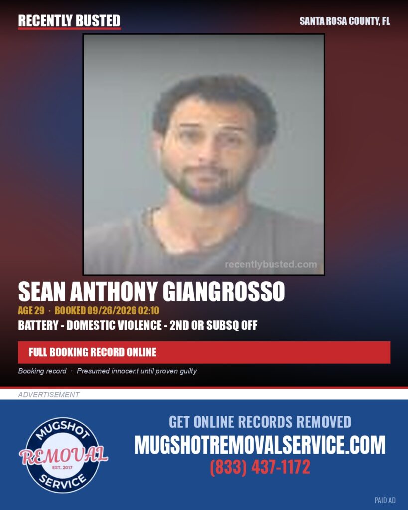Sean Anthony Giangrosso — arrest record card, Santa Rosa County, Florida