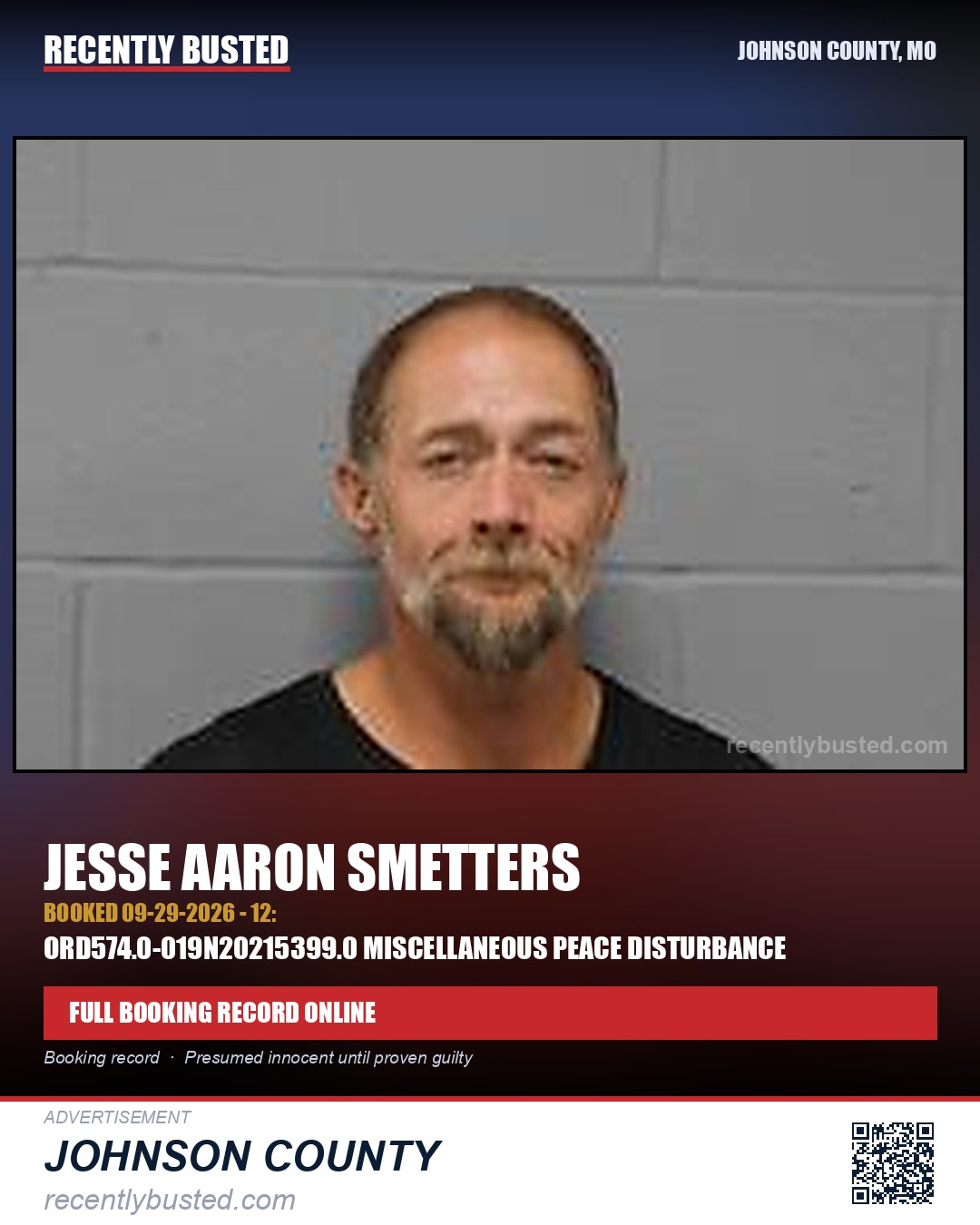 SMETTERS, JESSE AARON — arrest record card, Johnson County, Missouri