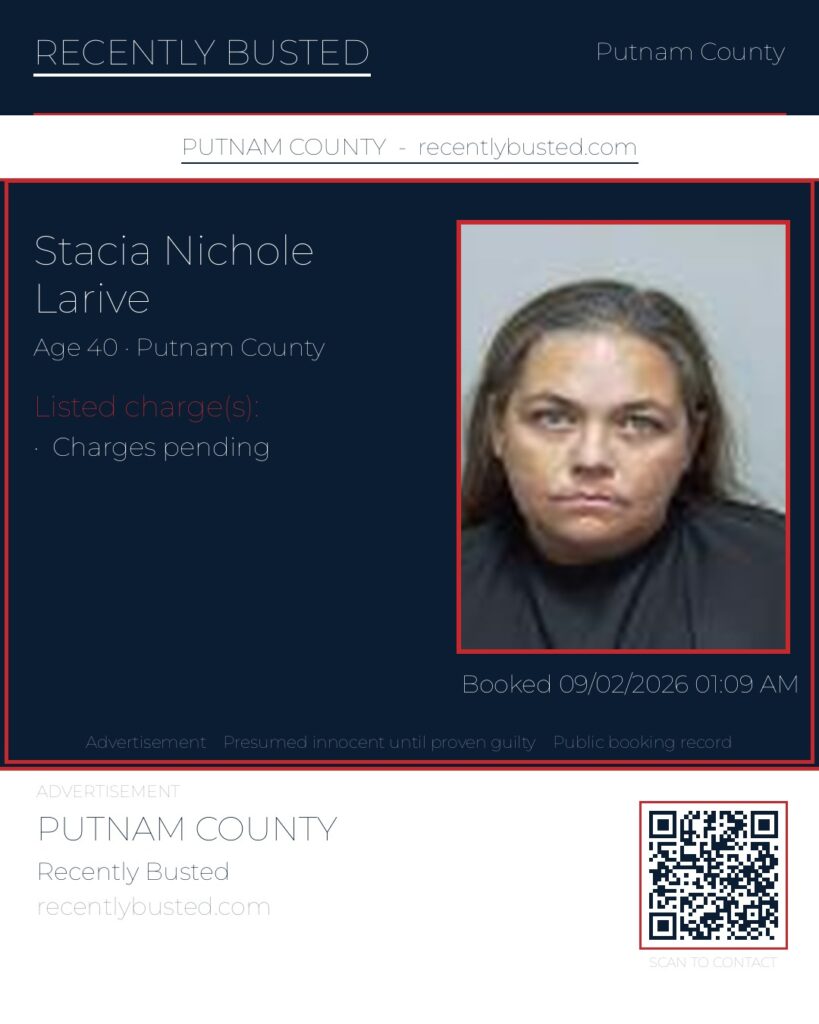 Stacia Nichole Larive — arrest record card, Putnam County, Florida
