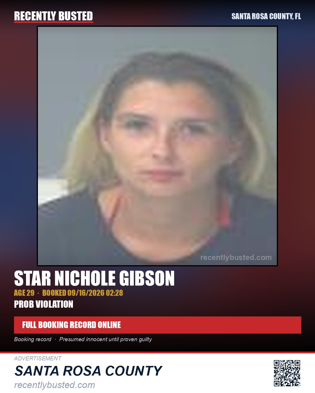 Star Nichole Gibson — arrest record card, Santa Rosa County, Florida