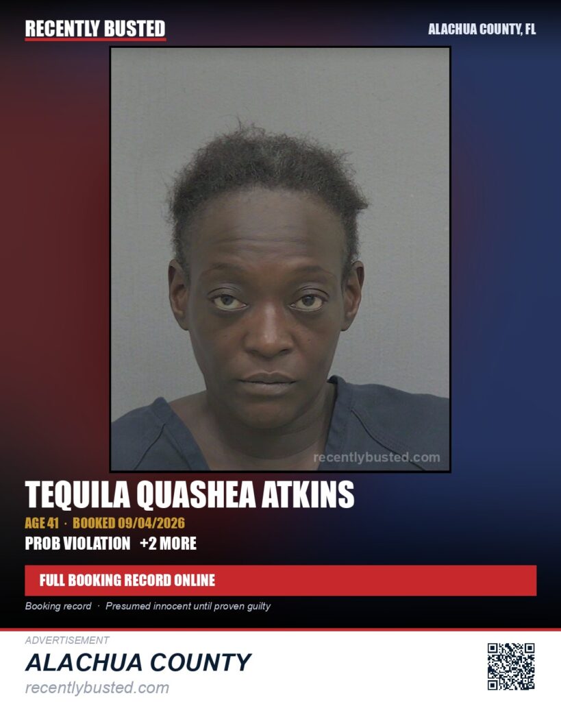 Tequila Quashea Atkins — arrest record card, Alachua County, Florida