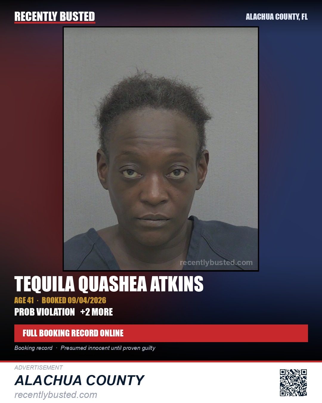 Tequila Quashea Atkins — arrest record card, Alachua County, Florida