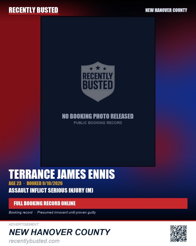 TERRANCE JAMES ENNIS — arrest record card, New Hanover County