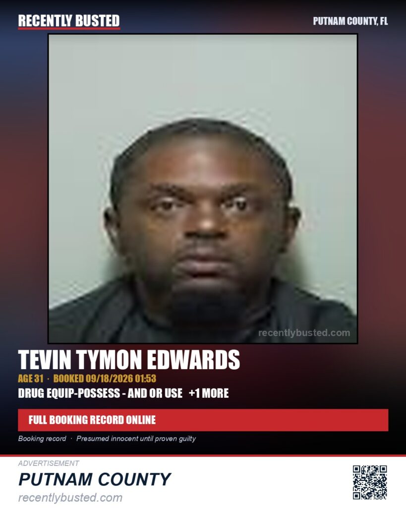 Tevin Tymon Edwards — arrest record card, Putnam County, Florida