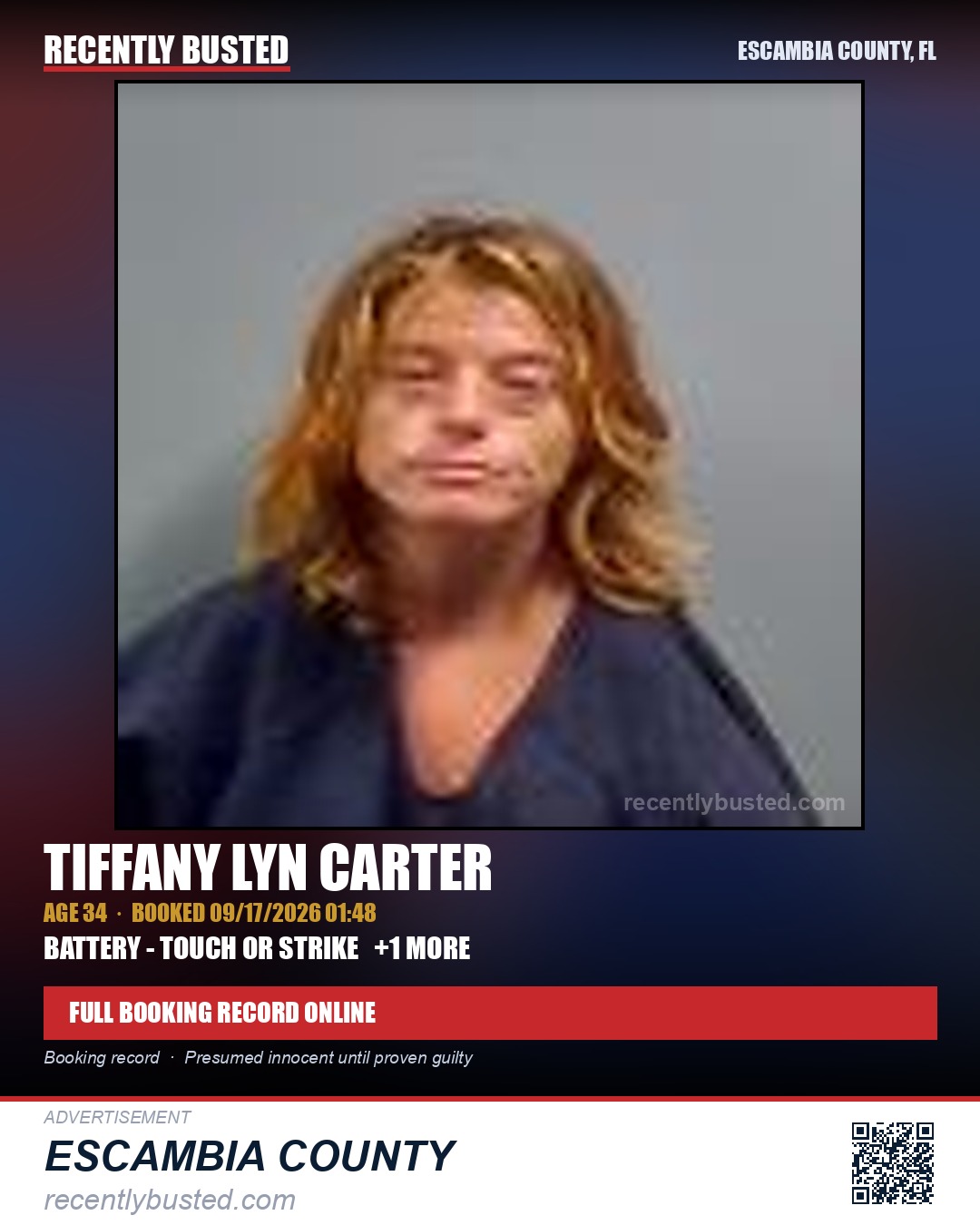 Tiffany Lyn Carter — arrest record card, Escambia County, Florida