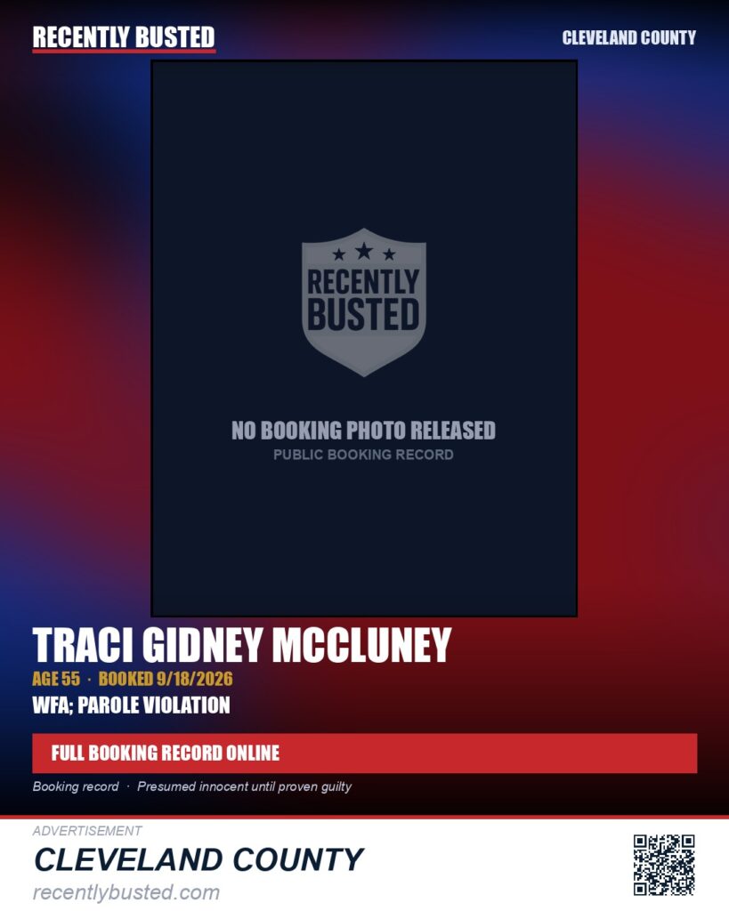 TRACI GIDNEY MCCLUNEY — arrest record card, Cleveland County