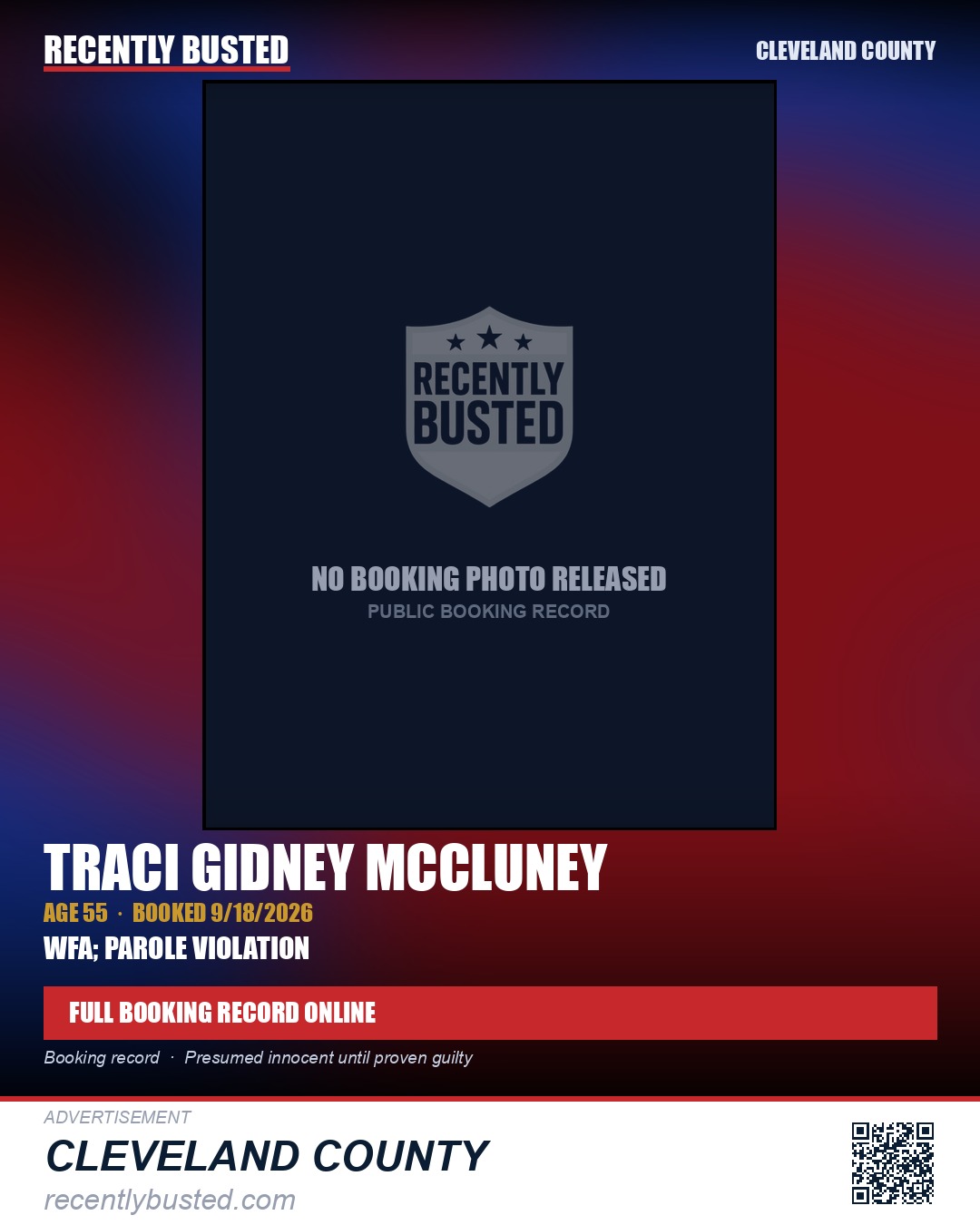 TRACI GIDNEY MCCLUNEY — arrest record card, Cleveland County