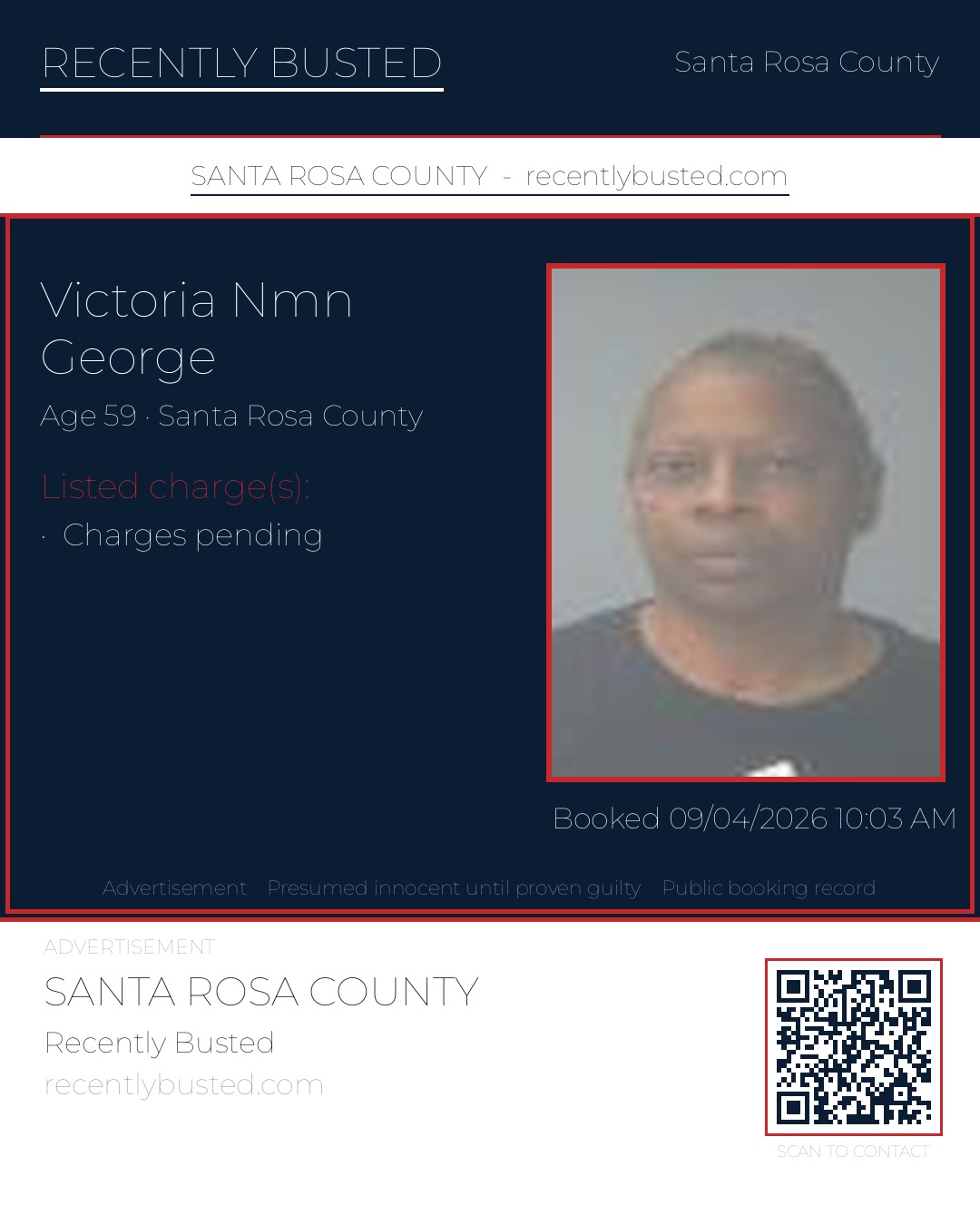 Victoria Nmn George — arrest record card, Santa Rosa County, Florida