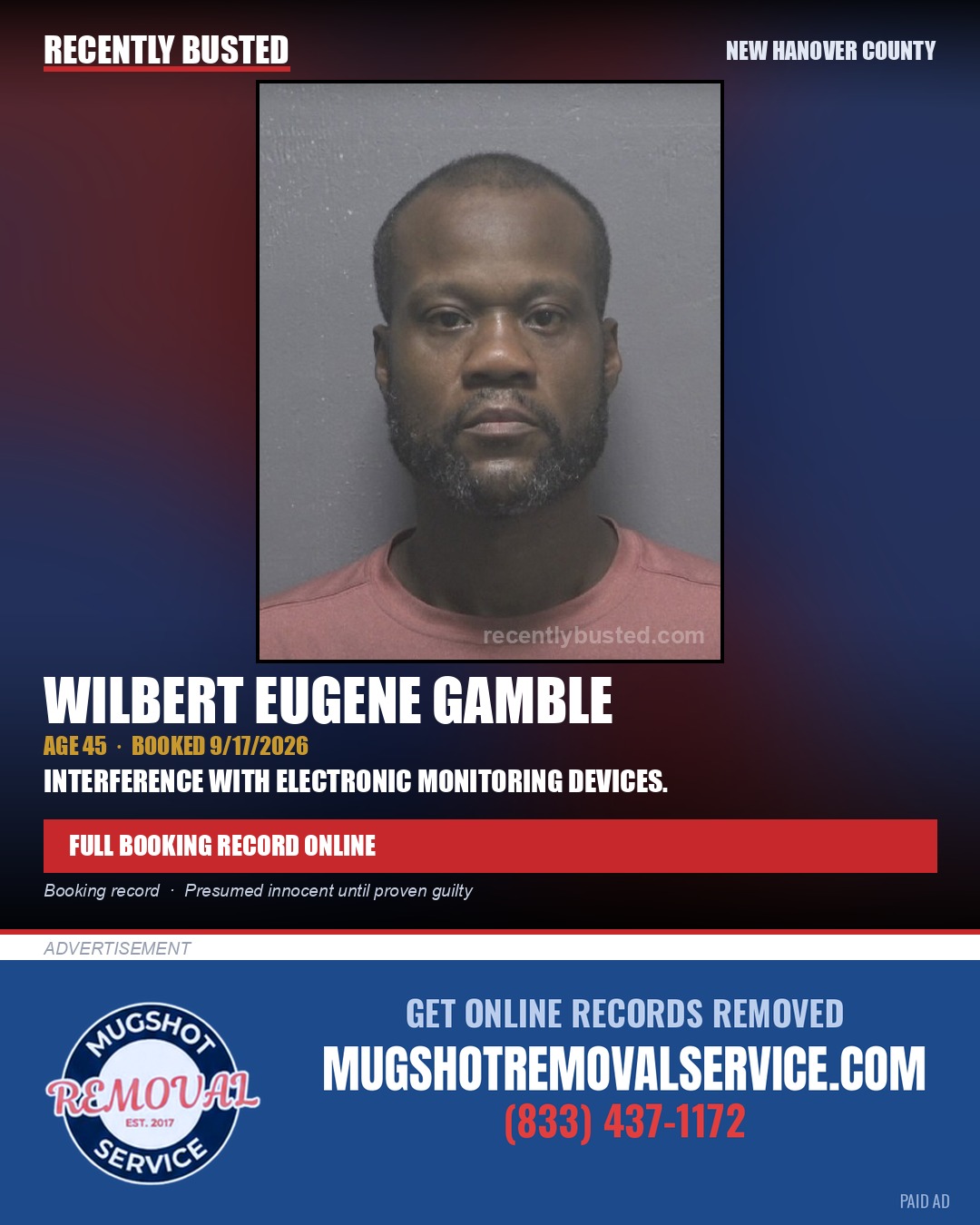 WILBERT EUGENE GAMBLE — arrest record card, New Hanover County