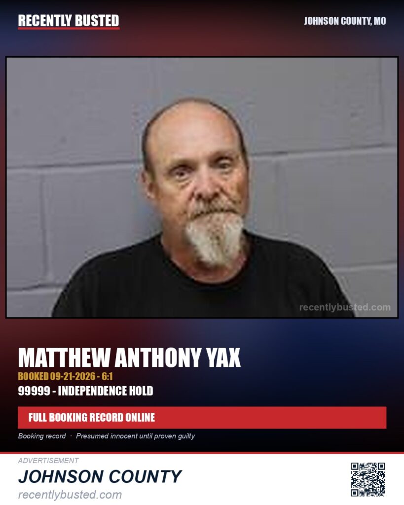 YAX, MATTHEW ANTHONY — arrest record card, Johnson County, Missouri