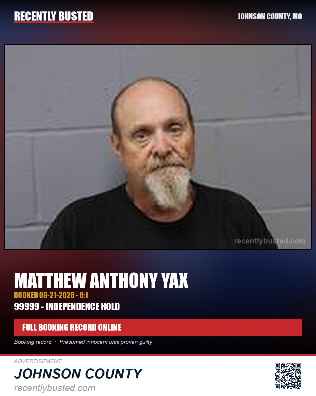 YAX, MATTHEW ANTHONY — arrest record card, Johnson County, Missouri