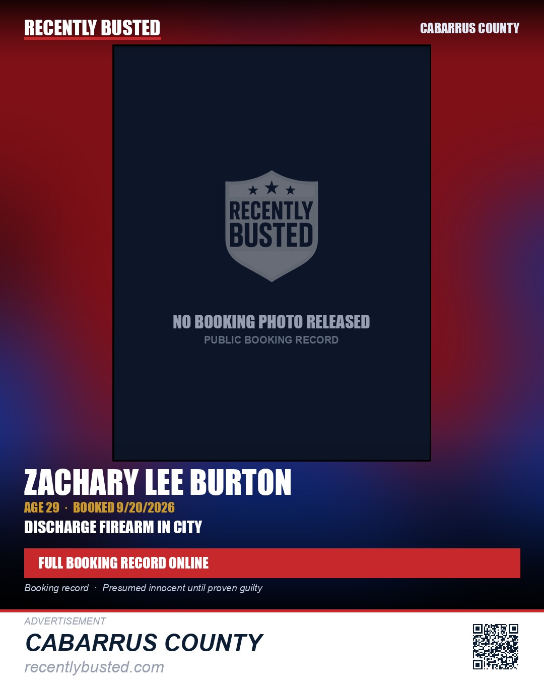ZACHARY LEE BURTON — arrest record card, Cabarrus County