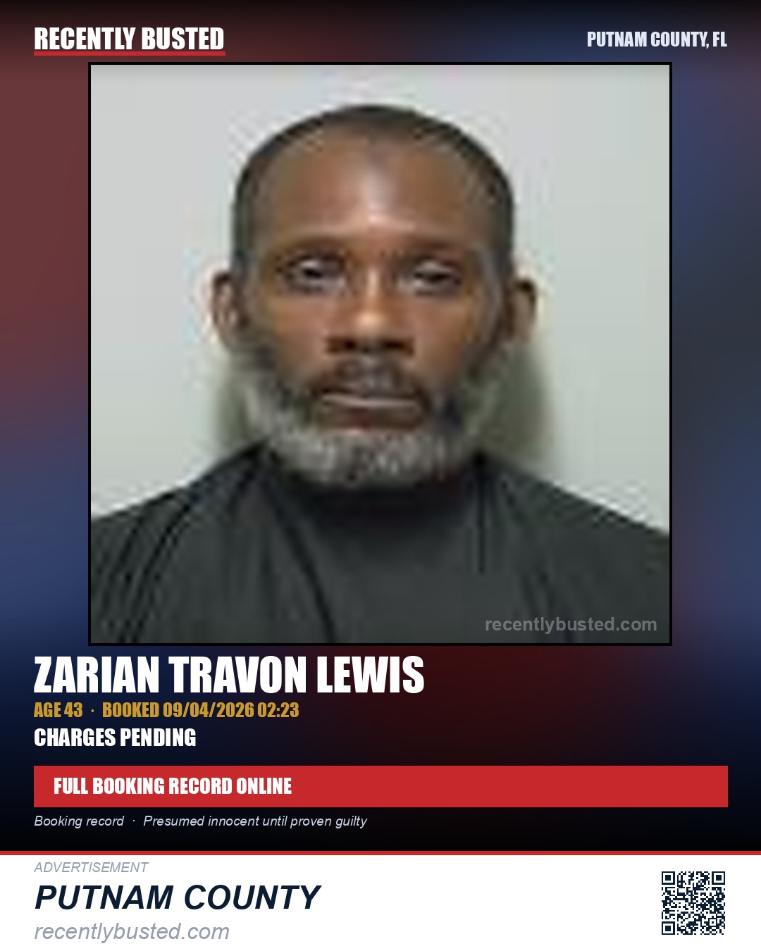 Zarian Travon Lewis — arrest record card, Putnam County, Florida