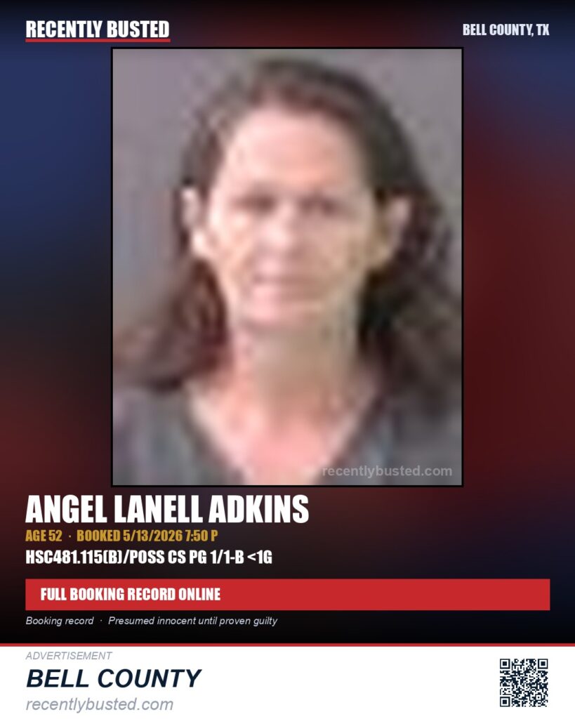 ADKINS, ANGEL LANELL — arrest record card, Bell County, Texas