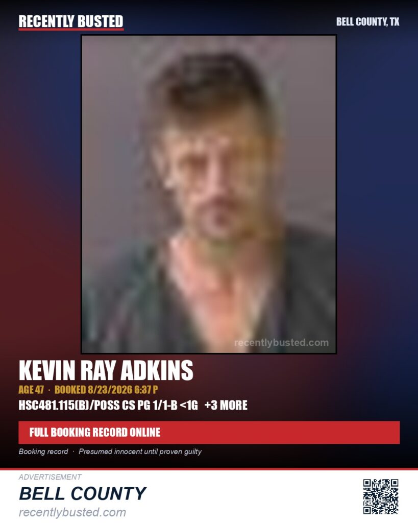 ADKINS, KEVIN RAY — arrest record card, Bell County, Texas