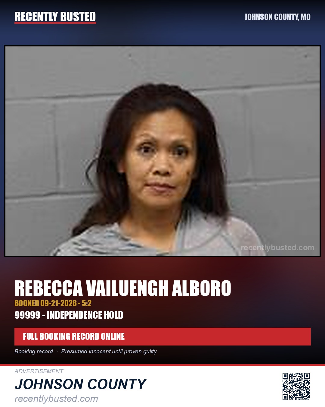 ALBORO, REBECCA VAILUENGH — arrest record card, Johnson County, Missouri