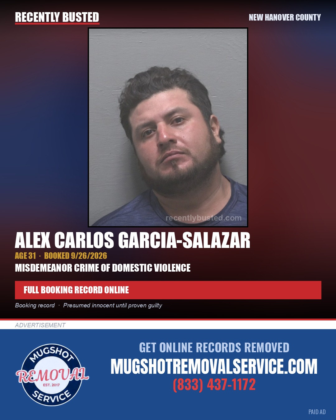 ALEX CARLOS GARCIA-SALAZAR — arrest record card, New Hanover County