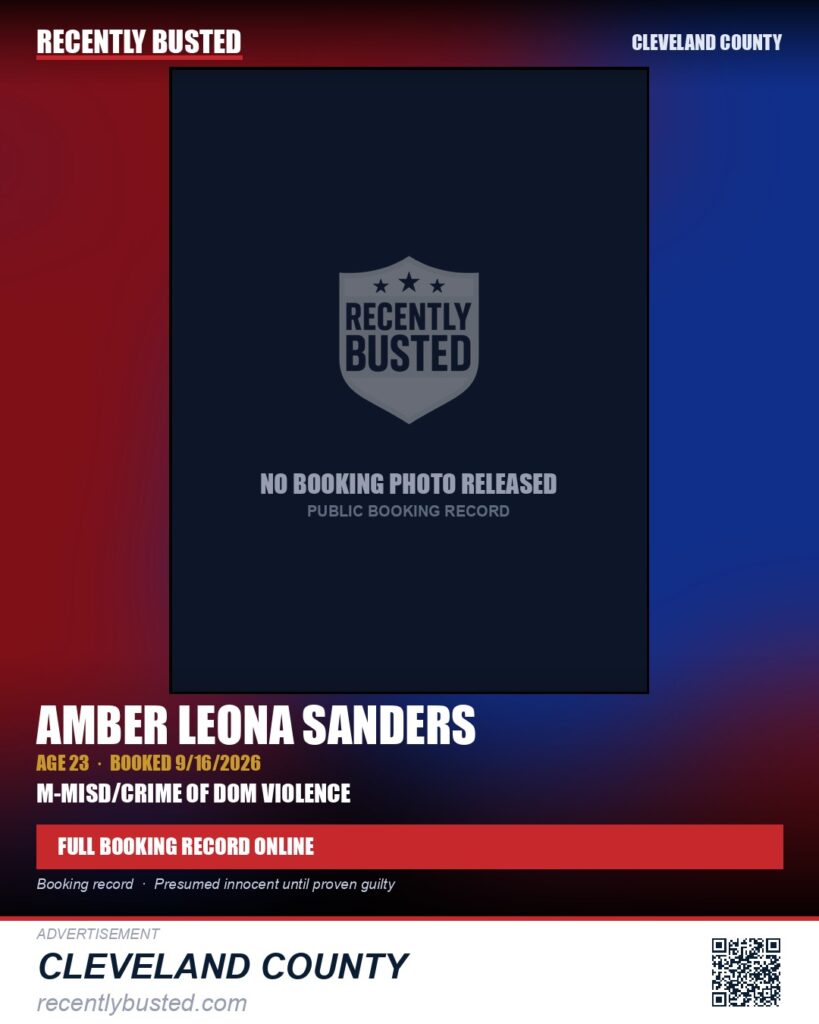 AMBER LEONA SANDERS — arrest record card, Cleveland County