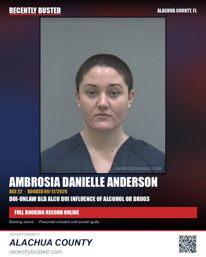 Ambrosia Danielle Anderson — arrest record card, Alachua County, Florida
