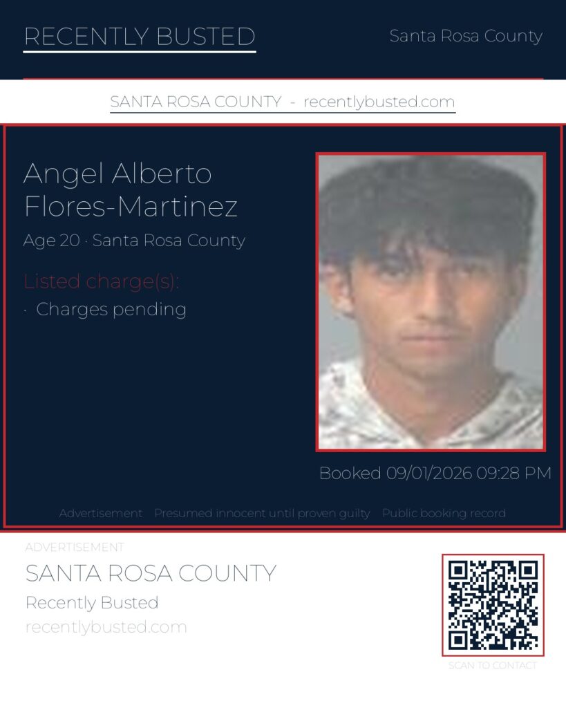Angel Alberto Flores-Martinez — arrest record card, Santa Rosa County, Florida