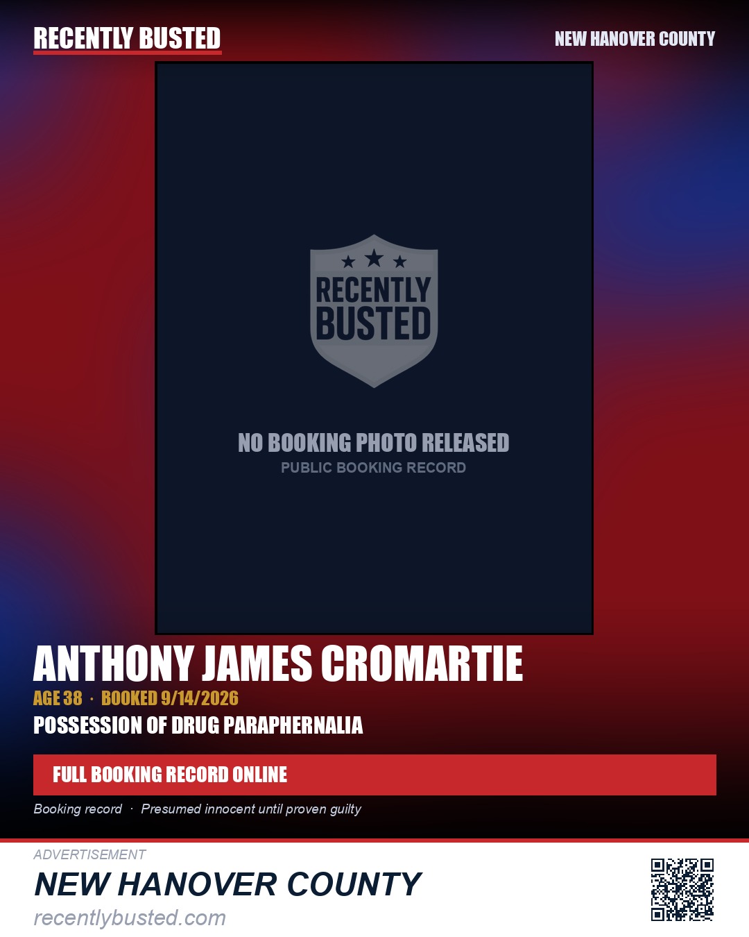 ANTHONY JAMES CROMARTIE — arrest record card, New Hanover County