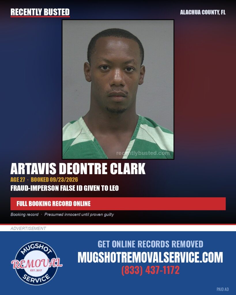 Artavis Deontre Clark — arrest record card, Alachua County, Florida