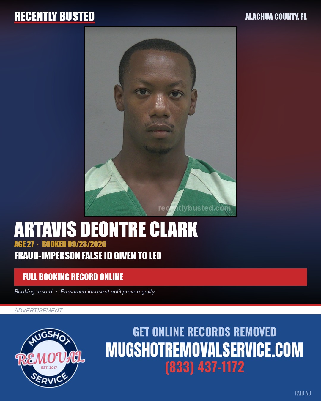 Artavis Deontre Clark — arrest record card, Alachua County, Florida