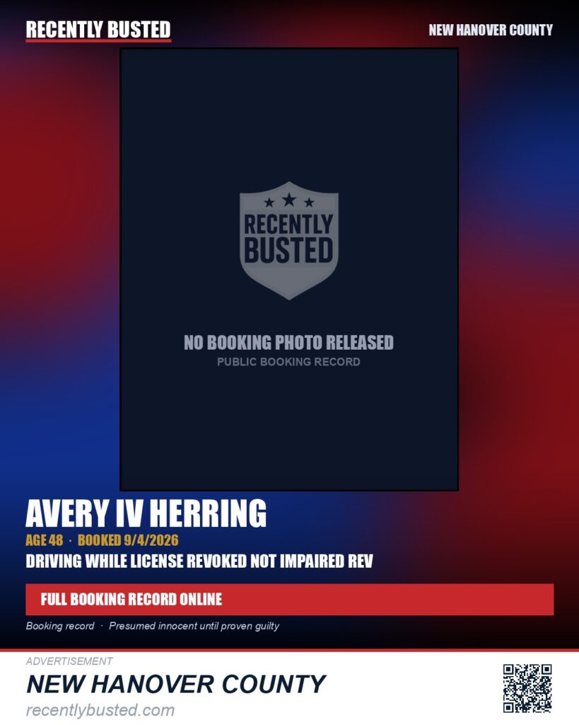 AVERY IV HERRING — arrest record card, New Hanover