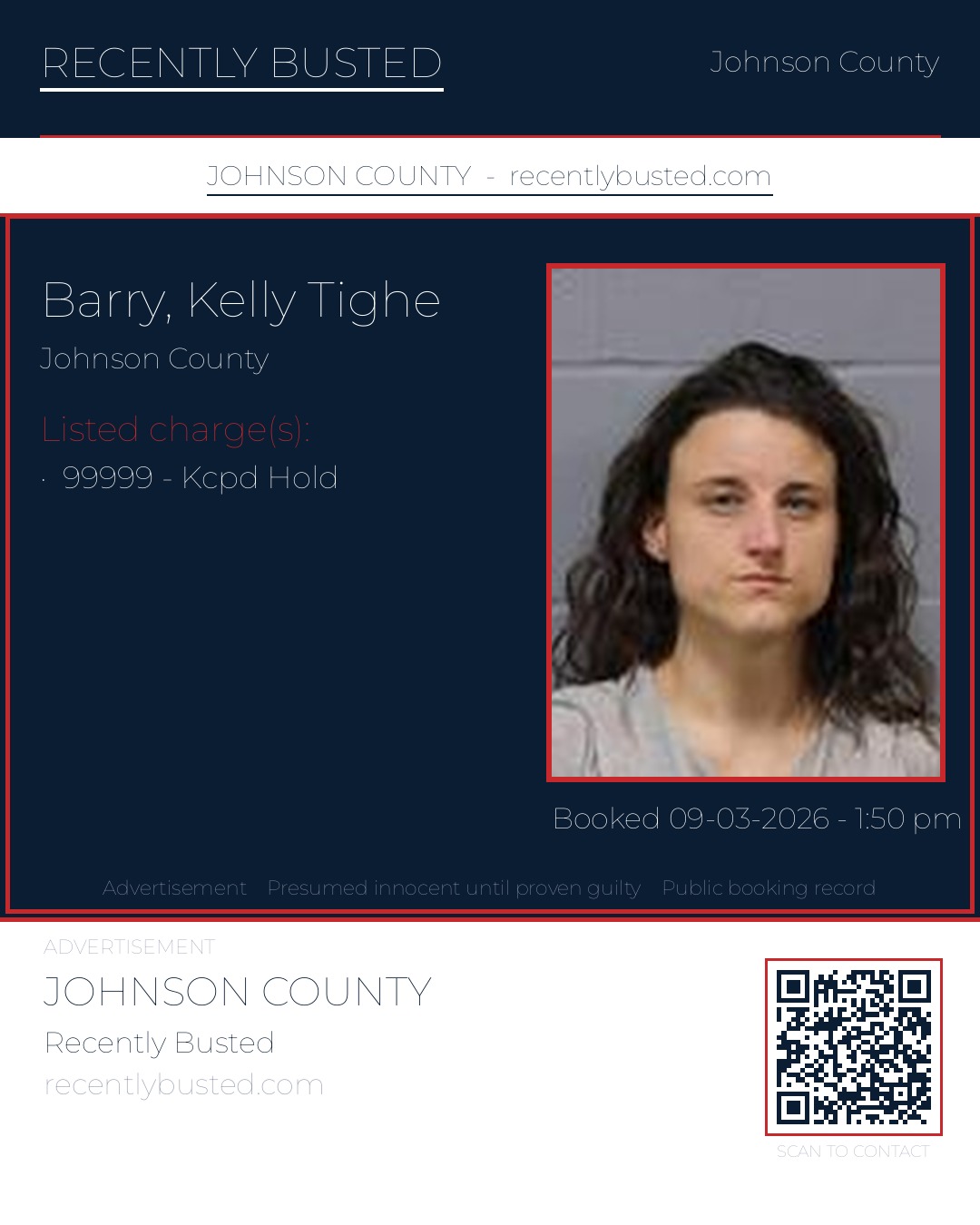 BARRY, KELLY TIGHE — arrest record card, Johnson County, Missouri