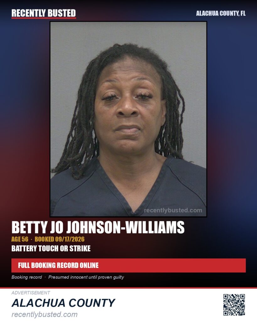 Betty Jo Johnson-Williams — arrest record card, Alachua County, Florida