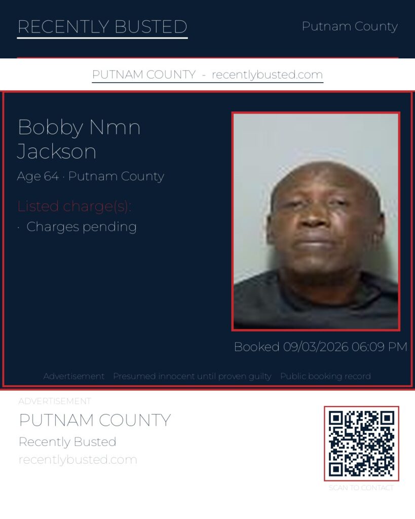 Bobby Nmn Jackson — arrest record card, Putnam County, Florida