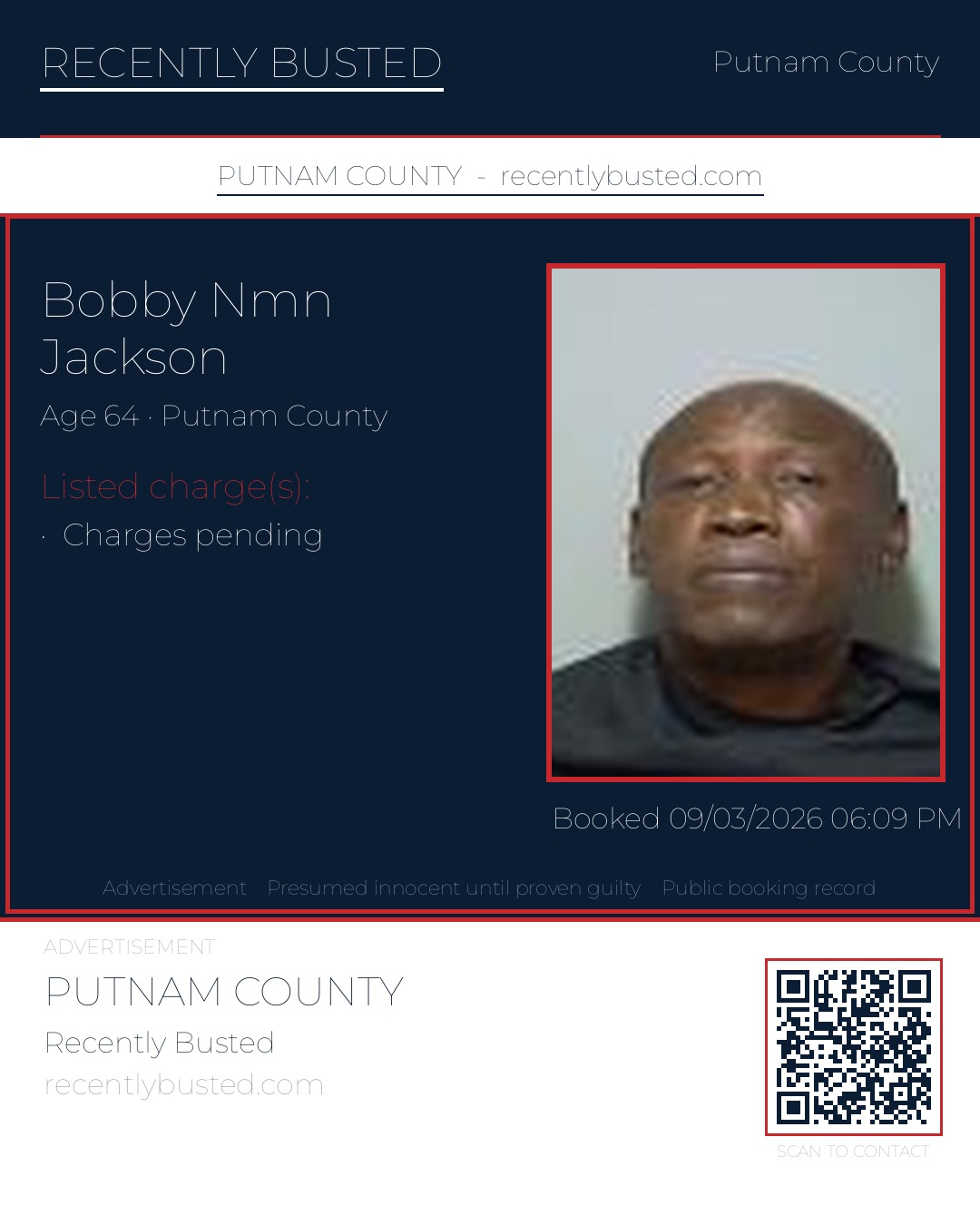Bobby Nmn Jackson — arrest record card, Putnam County, Florida