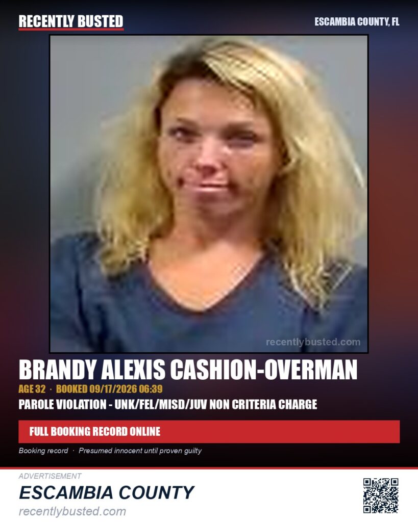 Brandy Alexis Cashion-Overman — arrest record card, Escambia County, Florida