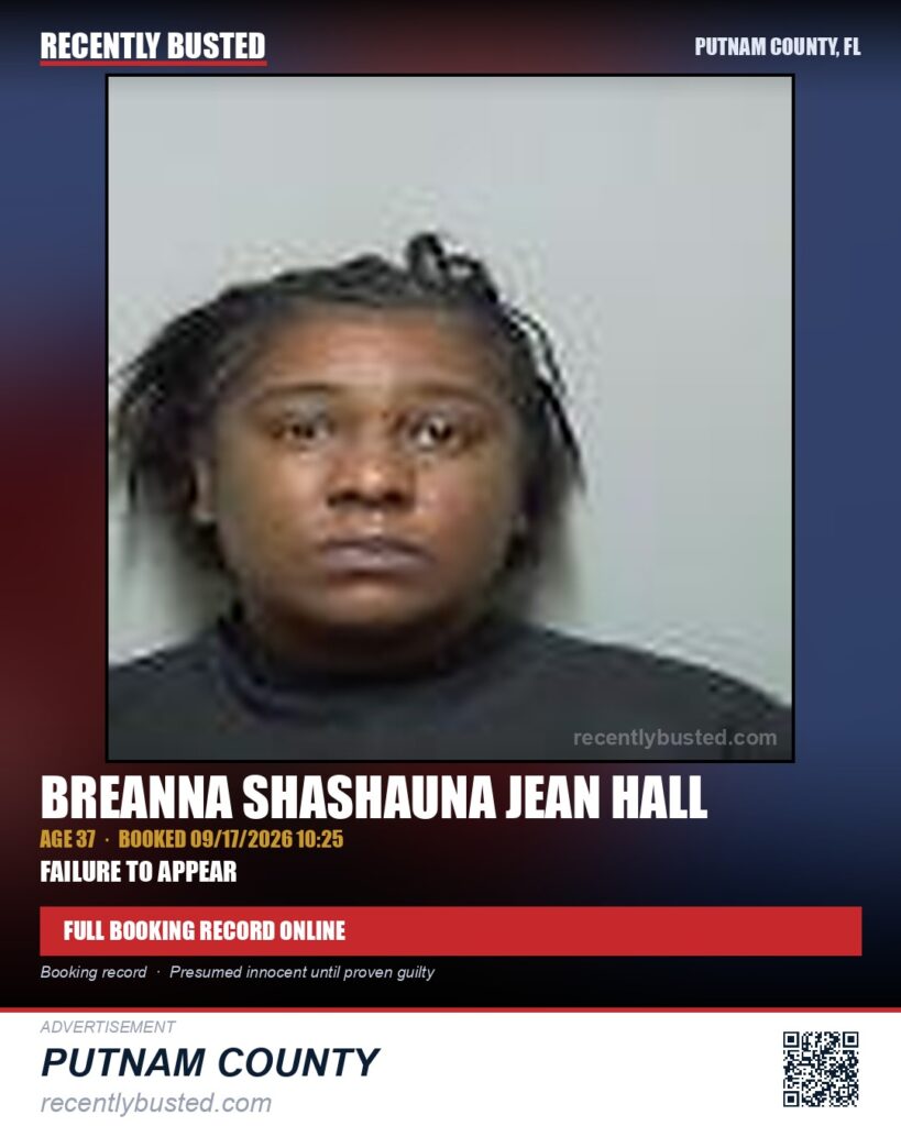 Breanna Shashauna Jean Hall — arrest record card, Putnam County, Florida