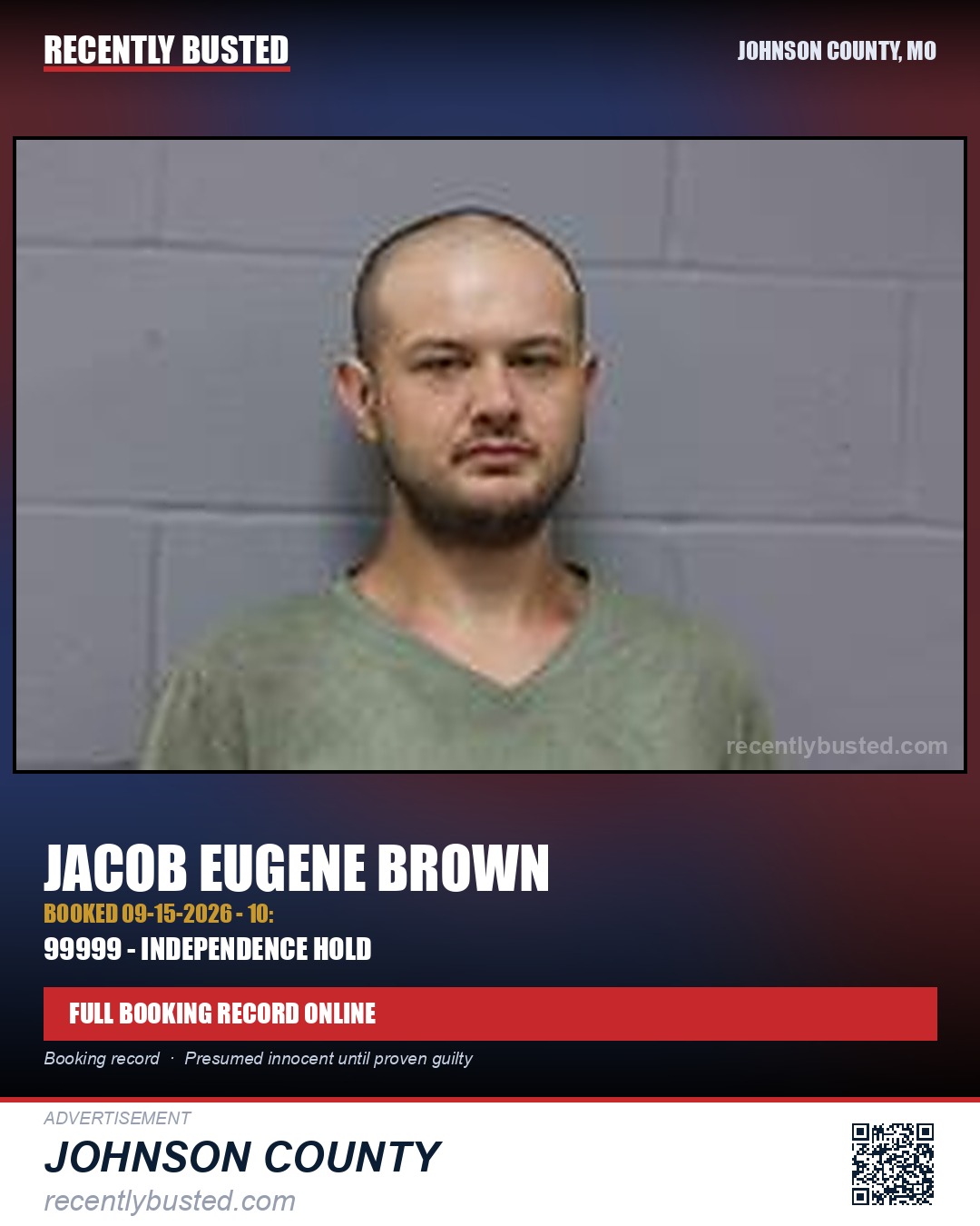 BROWN, JACOB EUGENE — arrest record card, Johnson County, Missouri