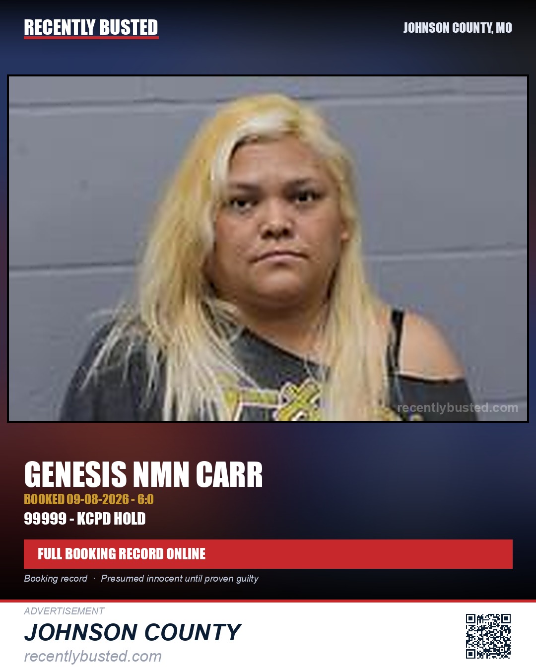 CARR, GENESIS NMN — arrest record card, Johnson County, Missouri