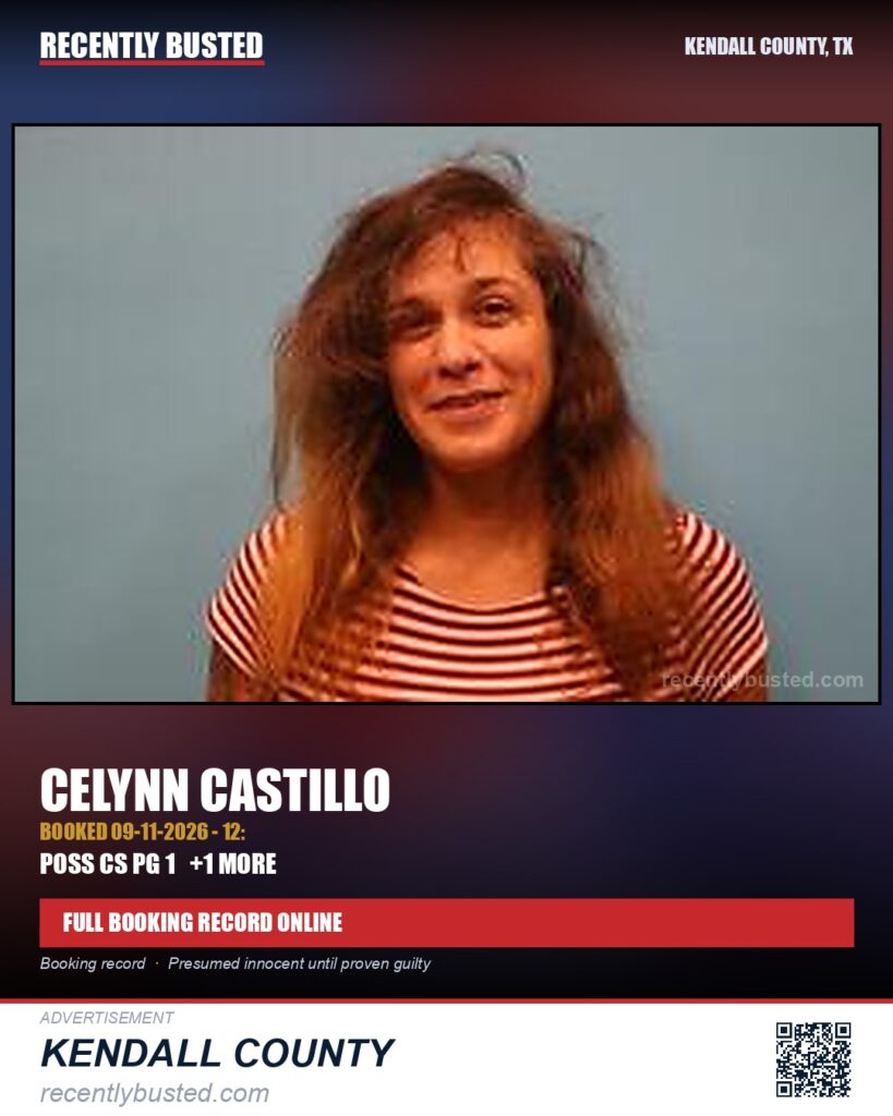 Castillo, Celynn — arrest record card, Kendall County, Texas